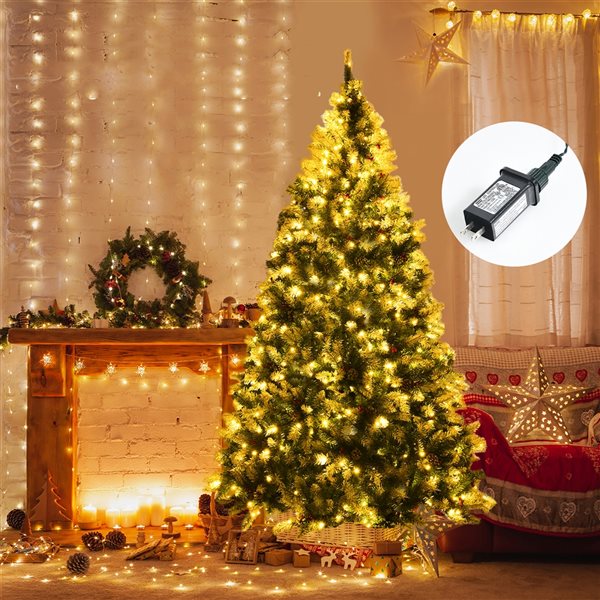 Costway 7.5-ft Pre-lit Full Flocked Green Artificial Christmas Tree with 550 Warm White LED Lights with 1398 Tips