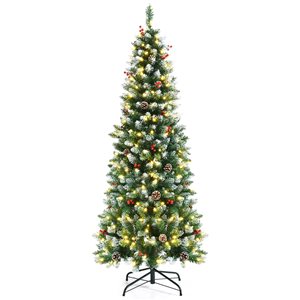 Costway 6-ft Pre-lit Slim Flocked Green Artificial Christmas Tree with 300 Warm White LED Lights