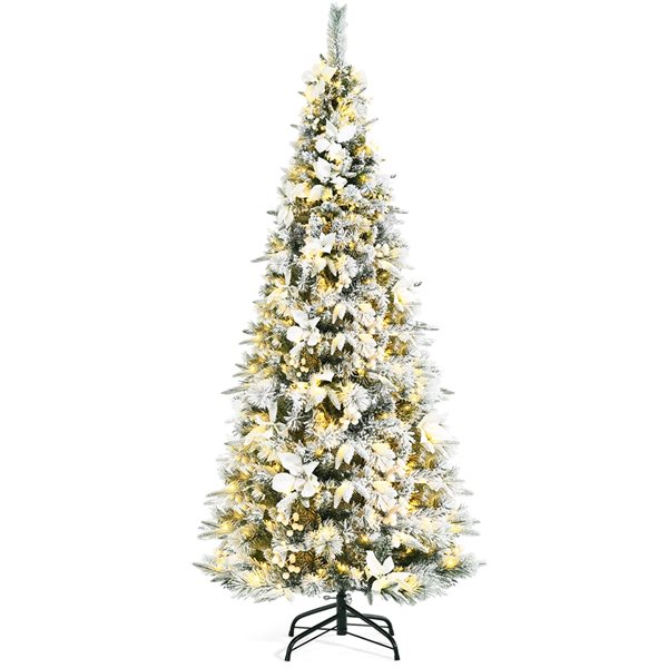 Costway 6-ft Pre-lit Full Flocked White Artificial Christmas Tree with ...