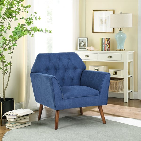 Homycasa Hooper Blue Upholstered Tufted Back Rubber Wood Legs Arm Chair