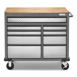 Gladiator Premier 9-drawer Mobile Tool Workbench with Solid Wood Top - Silver Tread