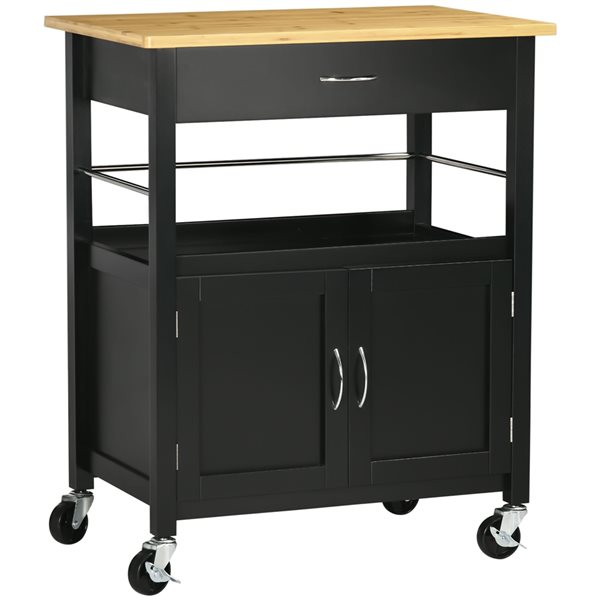 HomCom Black Composite Base with Bamboo Top Kitchen Cart - 19.75-in x 28.75-in x 35.75-in