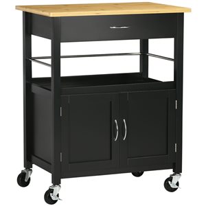 HomCom Black Composite Base with Bamboo Top Kitchen Cart - 19.75-in x 28.75-in x 35.75-in