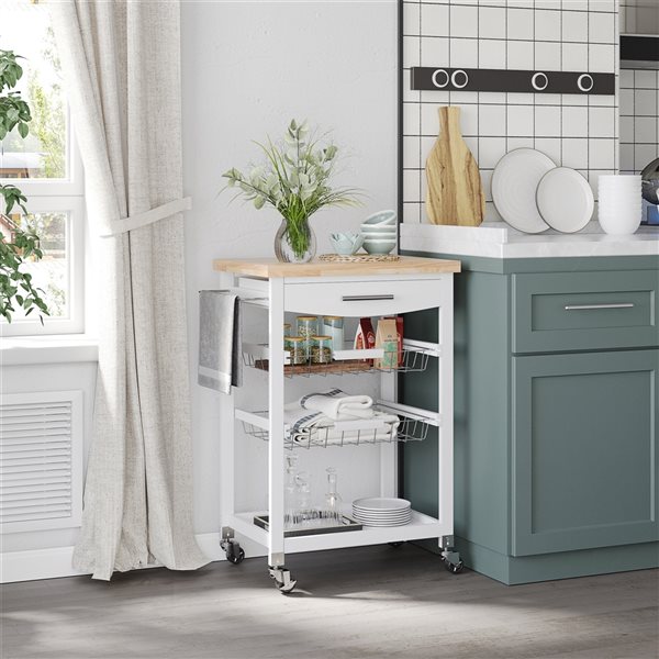 HomCom White Composite Base with Rubberwood Top Kitchen Cart - 15.75-in x 24.75-in x 33.75-in