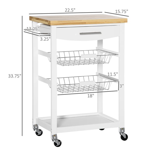 HomCom White Composite Base with Rubberwood Top Kitchen Cart - 15.75-in x 24.75-in x 33.75-in