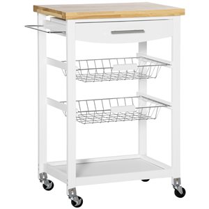 HomCom White Composite Base with Rubberwood Top Kitchen Cart - 15.75-in x 24.75-in x 33.75-in