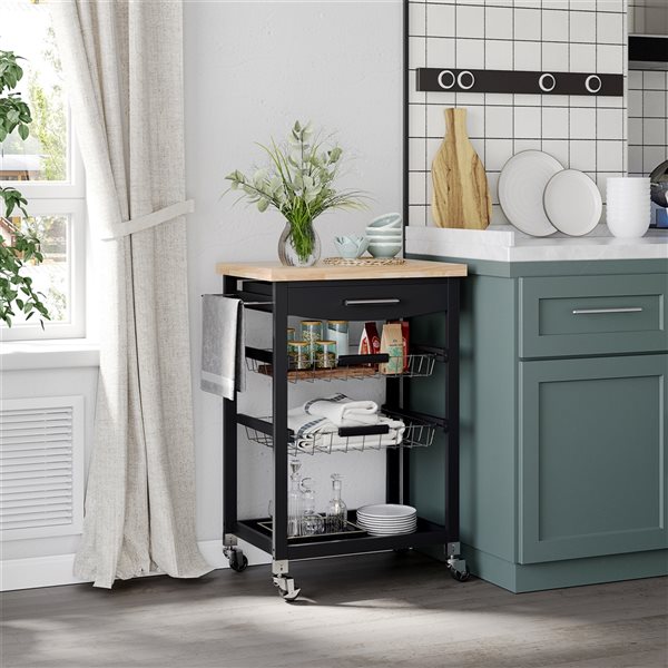 HomCom Black Composite Base with Rubberwood Top Kitchen Cart - 15.75-in x 24.75-in x 33.75-in