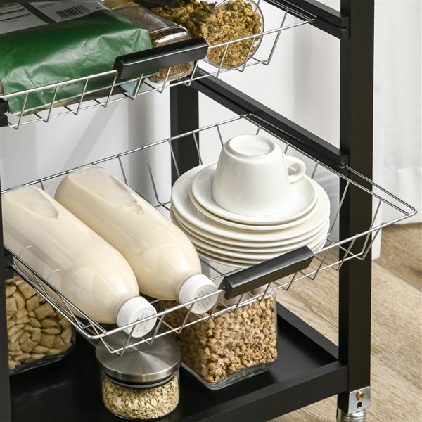 HomCom Black Composite Base with Rubberwood Top Kitchen Cart - 15.75-in x 24.75-in x 33.75-in