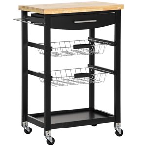 HomCom Black Composite Base with Rubberwood Top Kitchen Cart - 15.75-in x 24.75-in x 33.75-in