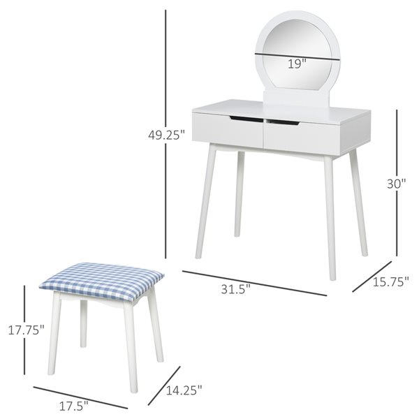 Coiffeuse à 2 tiroirs par HomCom de 31,5 po, blanc et bleu