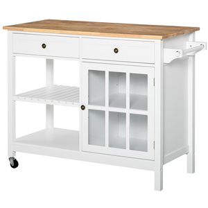 HomCom White Composite Base with Rubberwood Top Kitchen Cart - 19-in x 45.75-in x 34-in