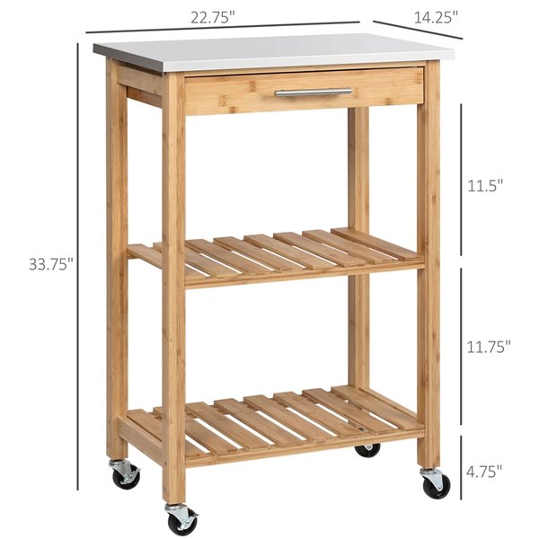 HomCom Brown Wood Base with Stainless Steel Top Kitchen Cart 14.25-in x  22.75-in x 33.75-in 801-233 RONA