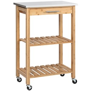 HomCom Brown Wood Base with Stainless Steel Top Kitchen Cart - 14.25-in x 22.75-in x 33.75-in