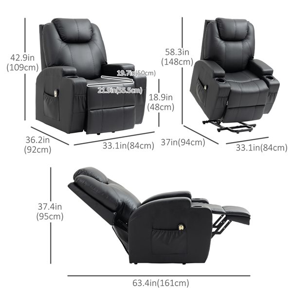 Fauteuil inclinable électrique Power Lift par HOMCOM similicuir noir avec télécommande
