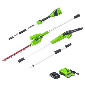 Greenworks 24 V Pole Saw and Pole Hedge Trimmer Cordless Power Equipment Combo Kit with Battery and Charger