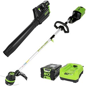 Greenworks Pro 80 V Trimmer and Blower Cordless Power Equipment Combo Kit with 2 Batteries and Charger
