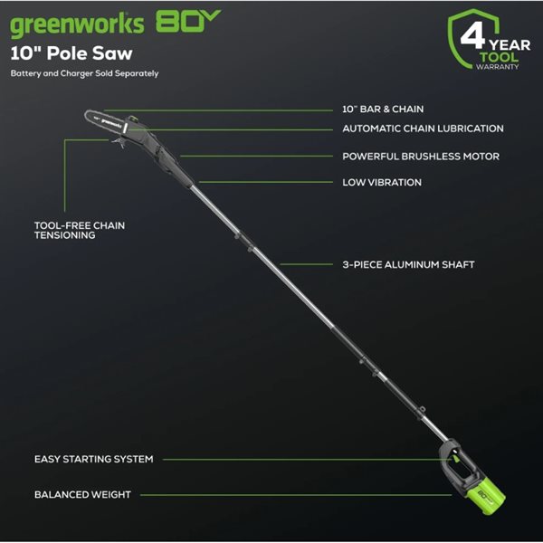 Greenworks Pro 80 V 10-in Brushless Cordless Electric Pole Saw (Tool Only)