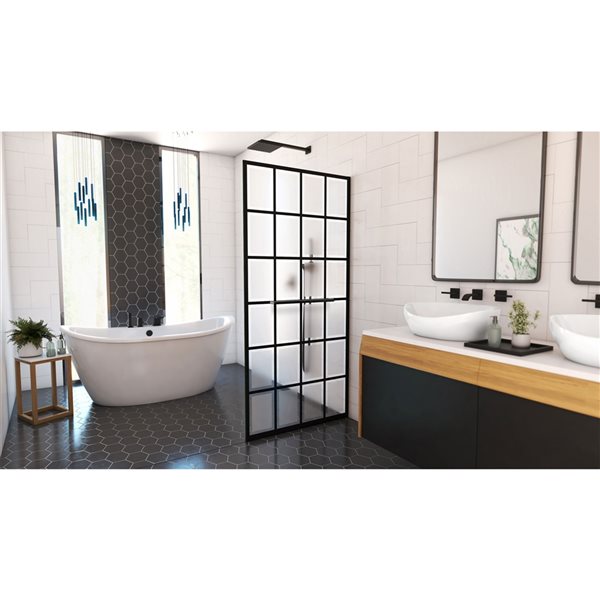 DreamLine French Linea 72-in x 34-in to 34-in Frameless Fixed Satin Black Shower Door with Frosted Glass