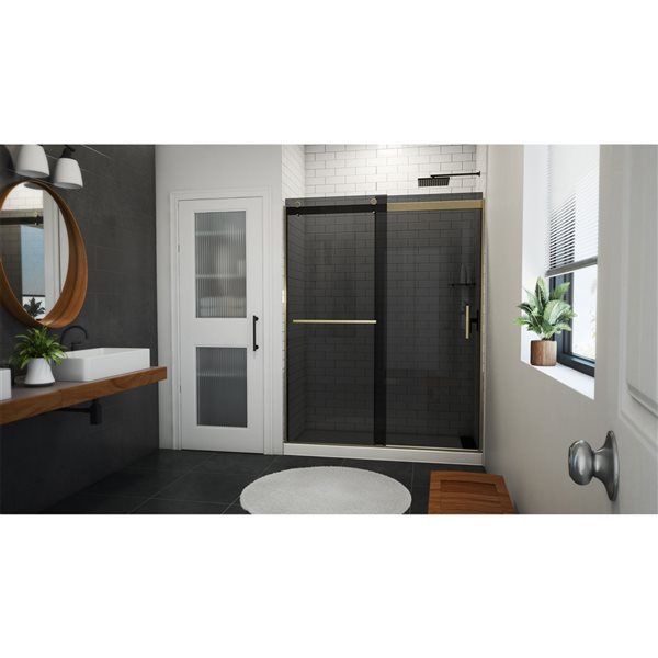 DreamLine Sapphire-V 76-in x 56-in to 60-in Semi-frameless Bypass/Sliding Brushed Gold Shower Door with Smoked Glass