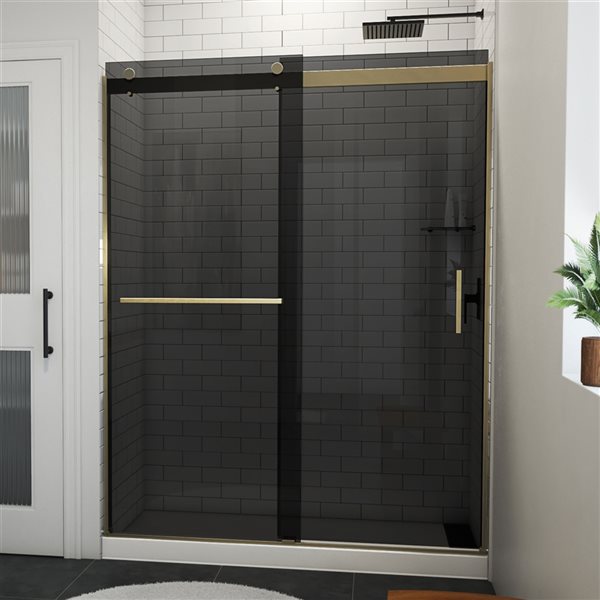 DreamLine Sapphire-V 76-in x 56-in to 60-in Semi-frameless Bypass/Sliding Brushed Gold Shower Door with Smoked Glass