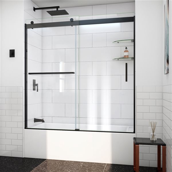 DreamLine SapphireV 62in x 56 to 60in Clear Bathtub/Shower Glass Panel with Satin Black