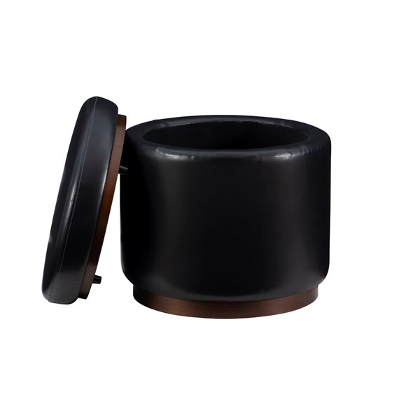 Linon Home Decor Julius Round Storage Ottoman Black Faux Leather 18-in