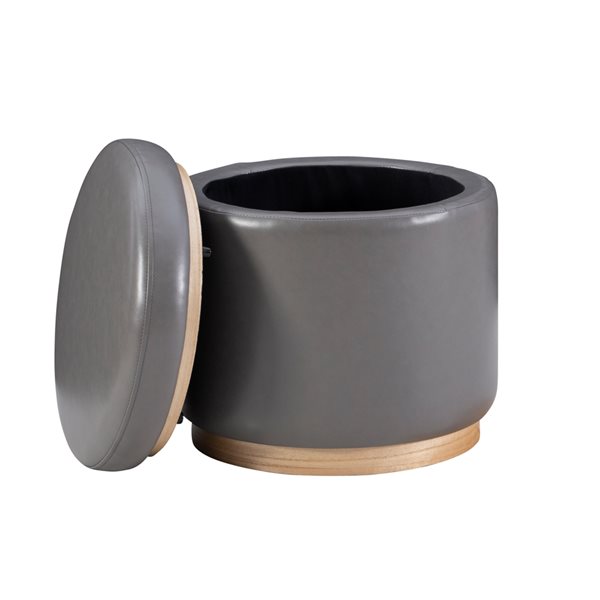 Linon Home Decor Julius Round Storage Ottoman Gray Faux Leather 18-in