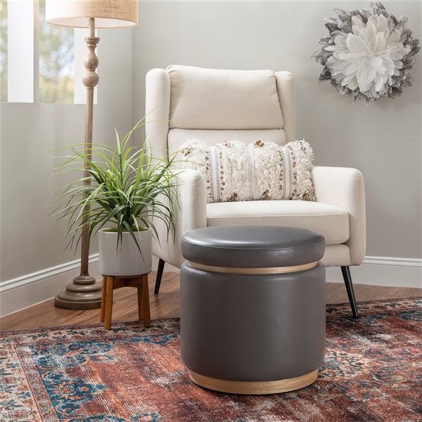 Linon Home Decor Julius Round Storage Ottoman Gray Faux Leather 18-in