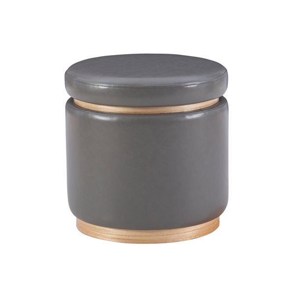 Linon Home Decor Julius Round Storage Ottoman Gray Faux Leather 18-in