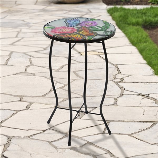 Northlight 19-in Floral and Butterfly Glass Patio Side Table