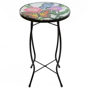 Northlight 19-in Floral and Butterfly Glass Patio Side Table