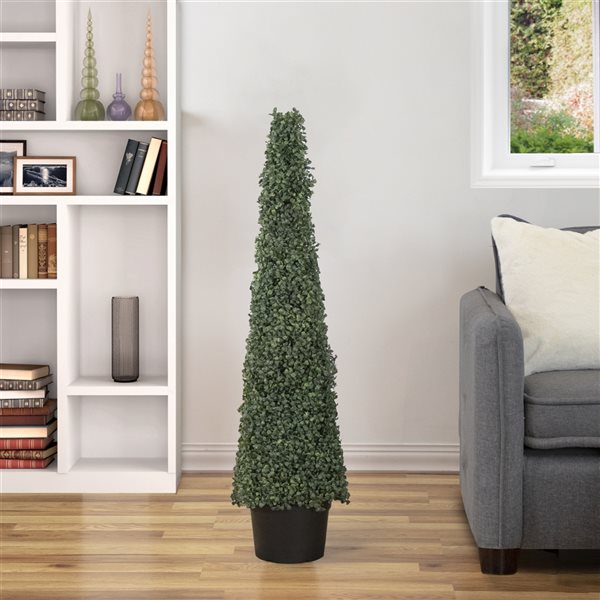 Northlight 4 ft Artificial Two-Tone Boxwood Pyramid Topiary Tree with Round Pot  Unlit