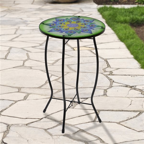 Northlight 19-in Green and Blue Peacock Flower Tail Glass Side Table