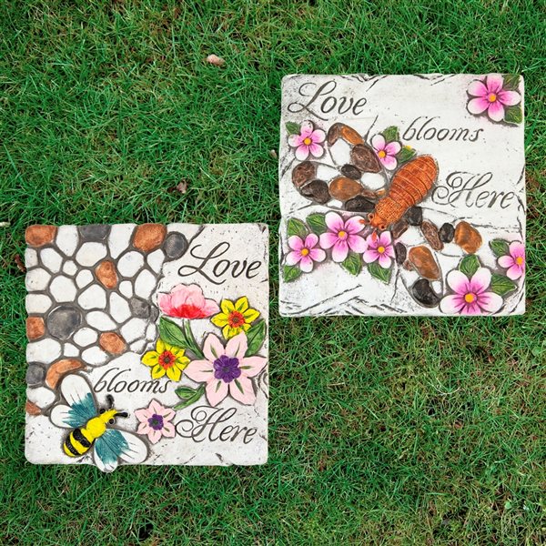 Northlight Set of 2 'Love Blooms Here' Floral Outdoor Garden Stones 7"