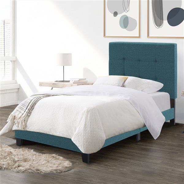 CorLiving Ellery Twin Size Fabric Tufted Panel Bed - Teal Blue