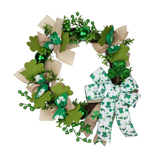 Northlight 24-in Burlap Bows and Shamrock's St. Patrick's Day Green Artificial Wreath
