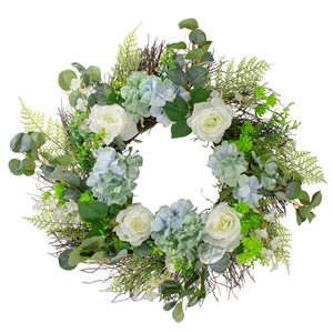 Northlight 24-in White Hydrangea/Rose and Geranium Artificial Floral Spring Wreath