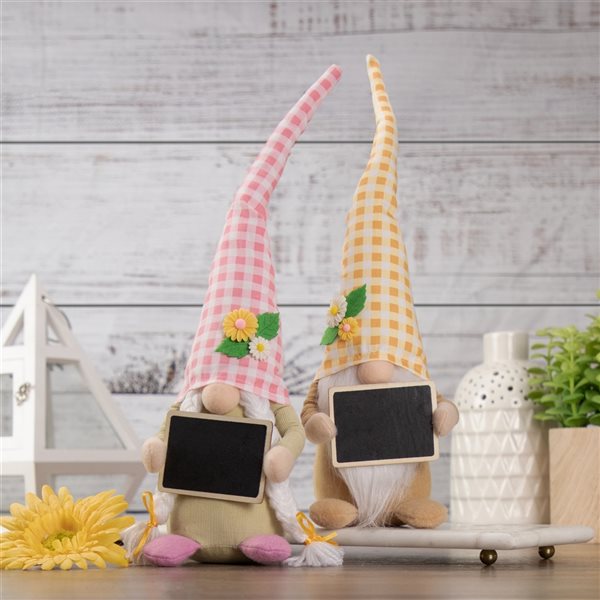Northlight Pink Gingham Plaid Springtime Gnome with Chalkboard