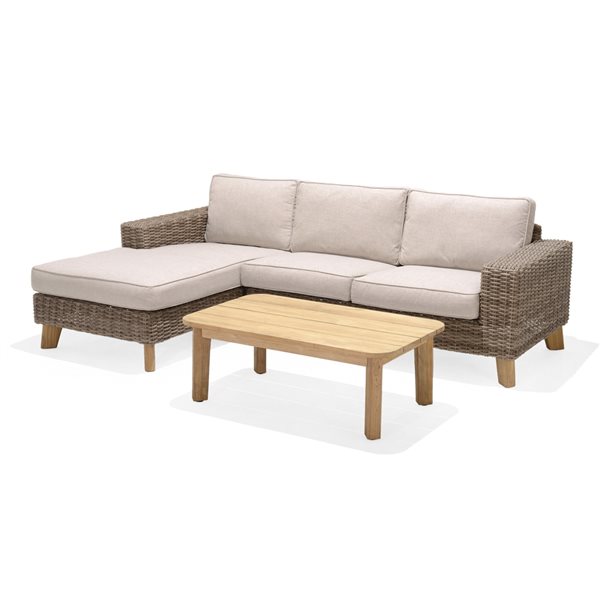 Sofa extérieur Bahamas par LifestyleGarden à cadre en teck beige avec coussins en oléfine et table basse, 3 pièces