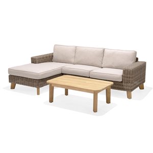 LifestyleGarden Bahamas Beige Teak Frame Wicker Outdoor Sofa with Olefin Cushions and Coffee Table - 3-Piece