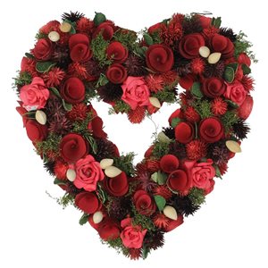 Northlight Red Wooden Rose and Botanicals Valentine's Day Heart Wreath