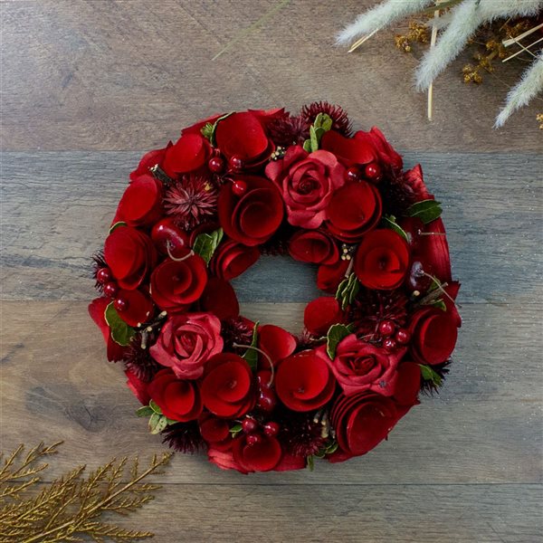 Northlight Red Wooden Rose and Berry Artificial Wreath