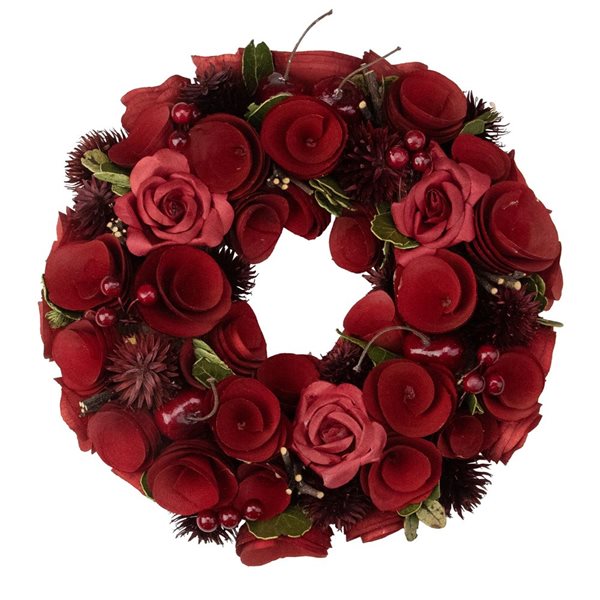 Northlight Red Wooden Rose and Berry Artificial Wreath