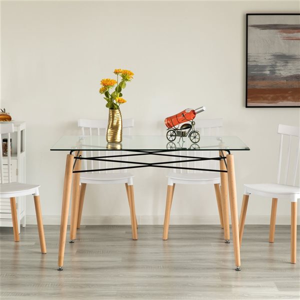 Fabulaxe 30-in H Clear Rectangular Dining Table with Wood Base and Glass Top