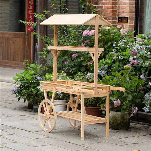 Vintiquewise Natural Redwood 3-Tier Plant Stand Cart with Wheels