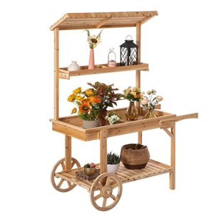 Vintiquewise 3-Tier Natural Redwood Plant Stand Cart with Wheels