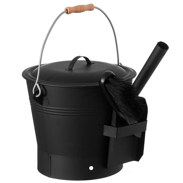 Gardenised Black Iron Ash Bucket with Lid and Wood Handle Brush