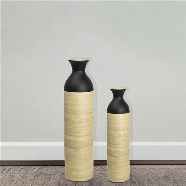 Grand vases Uniquewise de 31 po en bambou noir lustré et bambou naturel, ensemble de 2