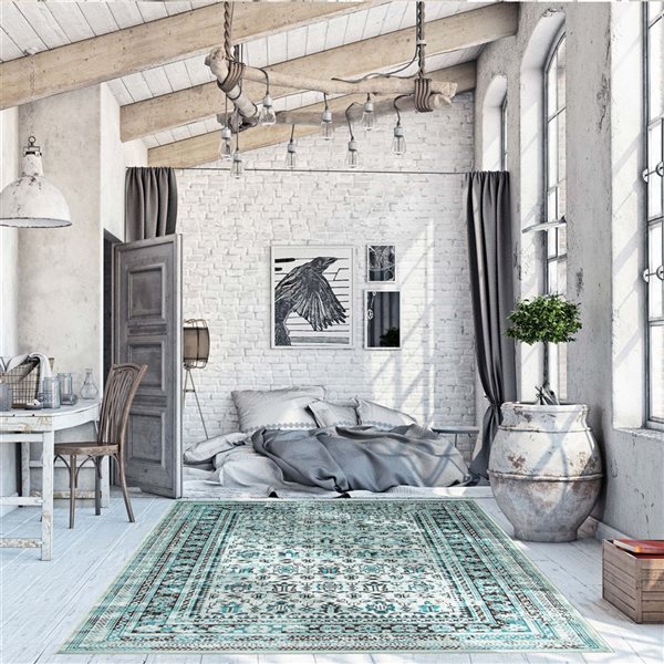 Ecarpet Wilby 7-ft x 10-ft Aqua Rectangular Indoor Geometric Area Rug