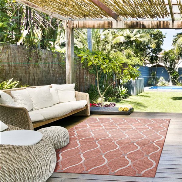 Ecarpet Veranda Abstract 5-ft x 7-ft Coral Rectangular Indoor/outdoor Trellis Area Rug